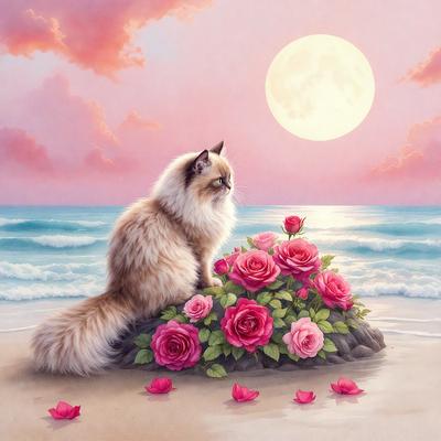 The primary subject of the image is a cat sitting on a rock with a bouquet of flowers. The setting is a beach, with the ocean visible in the background. The visual style is a painting, which gives the image a vibrant and artistic appearance. The dominant colors are pink and white, creating a warm and inviting atmosphere.